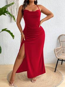 SHEIN Belle 加大码纯色褶皱开叉大腿夏季无袖吊带连衣裙新年衣服长款女装 - 紅色 - 查看 5