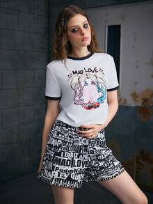 Harley Quinn X SHEIN Ensemble pyjama pour femmes avec T-shirt à imprimé de lettres de personnage de dessin animé et short, été - Noir et Blanc - Voir 5
