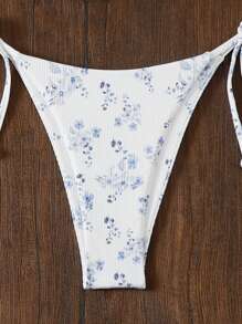 Swim Mod 女士夏季海灘迷你花卉後頸綁帶性感比基尼套裝，2件套裝，隨機印花，印花整體設計 - 藍白色 - 查看 5