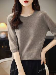 Pull à col rond et à manches courtes en laine mérinos 100% pour femmes, hauts légers d'été et d'automne de mode de luxe léger, pull tricoté