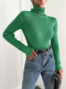 SHEIN Cottnline Turtleneck Ribbed Knit Jumper - Green - View 4