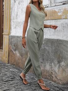 SHEIN LUNE Summer Casual Vacation Green Vest And Long Pants, Women's Teacher Workwear 2pcs/Set