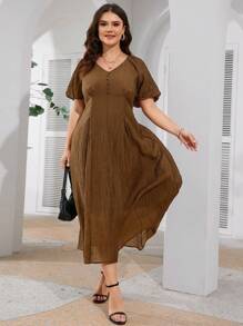 Mulvari Plus Size Women's Solid Color Simple Daily Short Sleeve Dress, Perfect For Beach/Casual/Vacation/Evening Or Any Other Formal Occasions - Brown - View 3