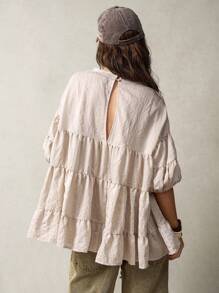 Bohemela Loose Puff Sleeve Women Vacation Shirt - Khaki - View 2