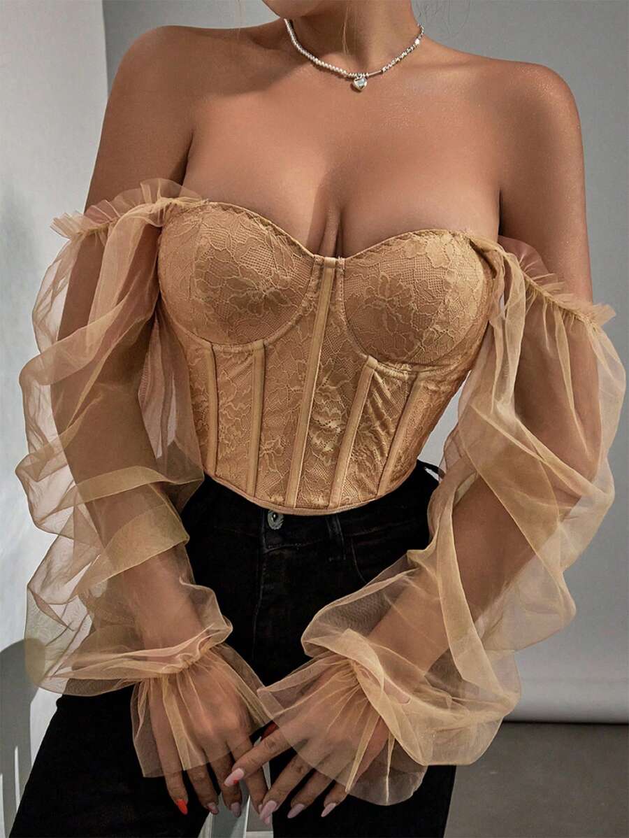 VaVaBold 女式時尚純色網眼領口背心 - 卡其色 - 查看 1