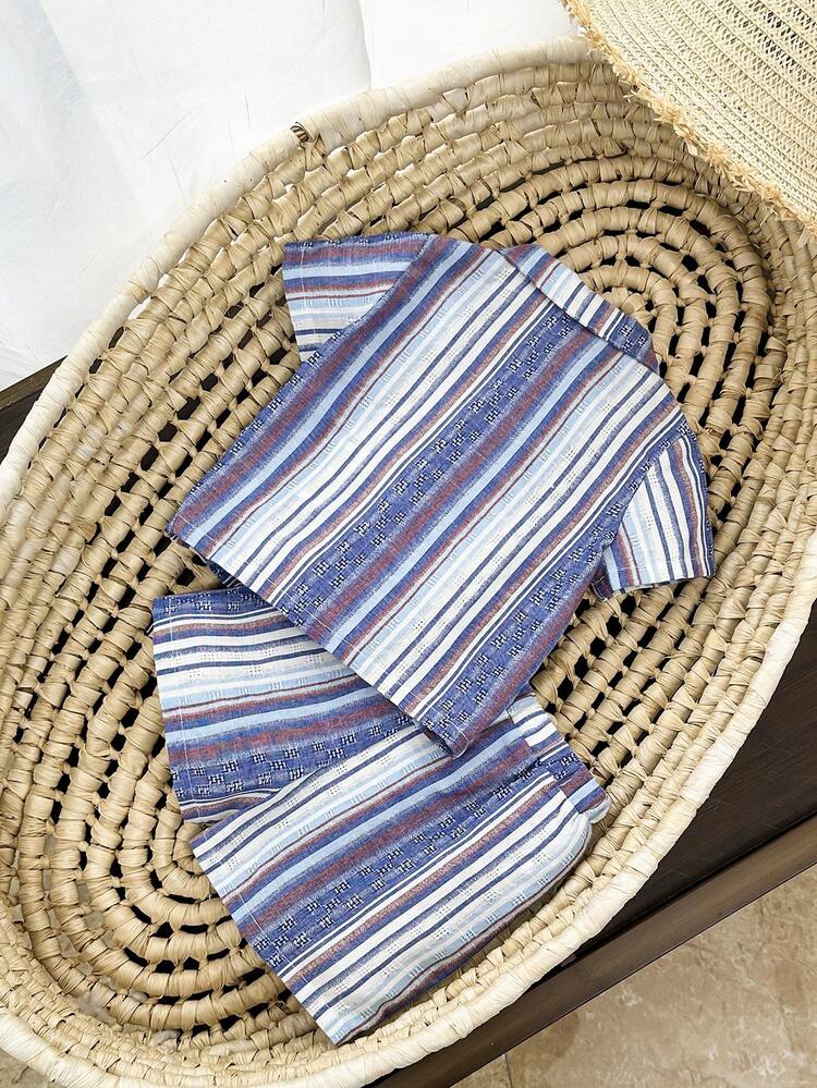 Baby Boy Colorful Striped Collared Short Sleeve Cardigan With Matching Shorts Set