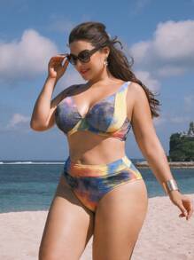 SHEIN Swim Curve 度假款大尺碼夏日海灘縫染印花無背心帶結綁比基尼套裝