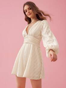 Enchnt Women's Yellow Summer Holiday Elegant Solid Color Lantern Sleeve Waist-Cinching Dress