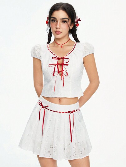 Kawaii Schönes Kontrast-Schleife entworfenes Jacquard-Textur Zweiteiler für Frauen