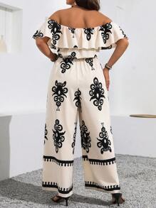 Breezaya Plus Size Vacation Style Printed Off-Shoulder Wide Leg Jumpsuit