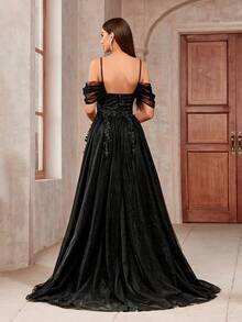 Open Shoulder Mesh Panel Floor-Length Elegant Wedding Dress - Black - View 2