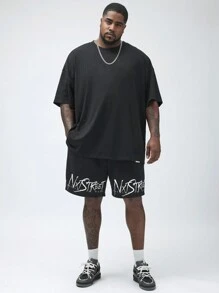 Manfinity VCAY 男士加大碼針織休閒印字衛衣，束線直筒短褲 - 黑色 - 查看 4