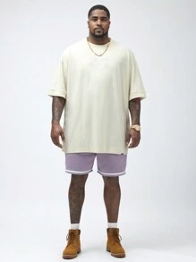 Manfinity VCAY Manfinity NXTstreet Men's Plus Size Knitted Casual Loose Drop-Shoulder Round Neck Short Sleeve T-Shirt, Embroidery Craft, Suitable For Summer Daily Wear
