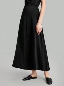 Ontre 女士純色前開叉裙 - 黑色 - 查看 5