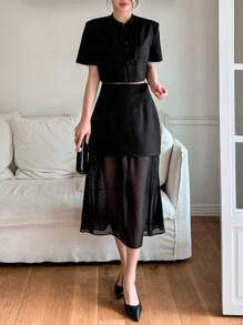 DAZY Ladies' Plain Color Suit Jacket & Skirt Two-Piece Set - Black - View 7