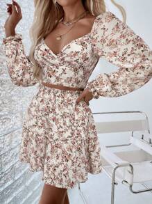 SHEIN Clasi Camisa de manga larga estampada y falda en capas, conjunto de 2 piezas - Rosa - Ver 3