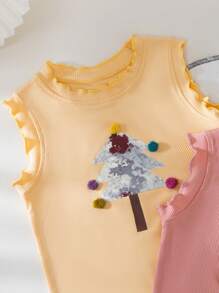 Round Neck Lace Trimmed Tank Top With Pom-Pom For Summer - Pink - View 3