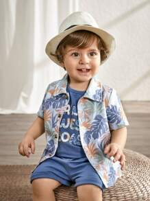Cozy Pixies Baby Boy 3pcs/Set Plant & Floral Pattern Collared Short Sleeve Shirt, Letter Print Casual T-Shirt And Shorts Set - Dusty Blue - View 5