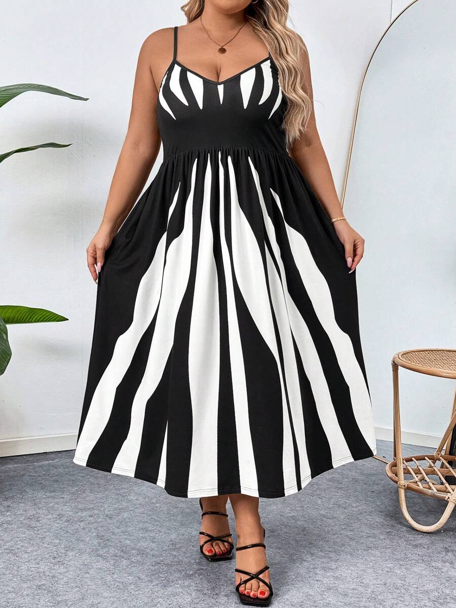 SHEIN CURVE+ Sukienka na ramiączkach plus size z ukrytą kieszenią - Czarne i Białe - Zobacz 1