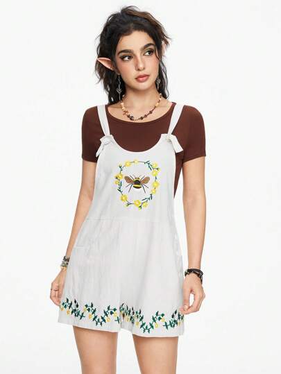 Fairycore Combinaison décontractée à bretelles brodées d'abeille, de fleurs et de feuilles avec poches pour femmes