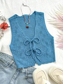 Soleia Solid Color Knitted Sweater Vest With Tie, For Vacation & Leisure - Blue - View 1