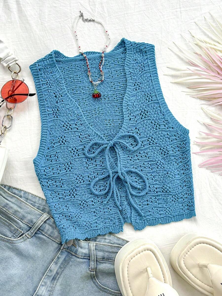 Soleia Solid Color Knitted Sweater Vest With Tie, For Vacation & Leisure - Blue - View 1