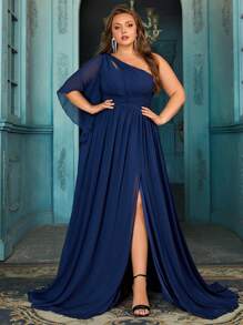 QOQ Daily Elegant Plus Size Bridesmaid Gown Women Formal Dress Formal Events Dresses For Wedding, Engagement Party, Weddings Dinner Solid Color High Slit One Shoulder Bridesmaid Gowns - Navy Blue - View 1