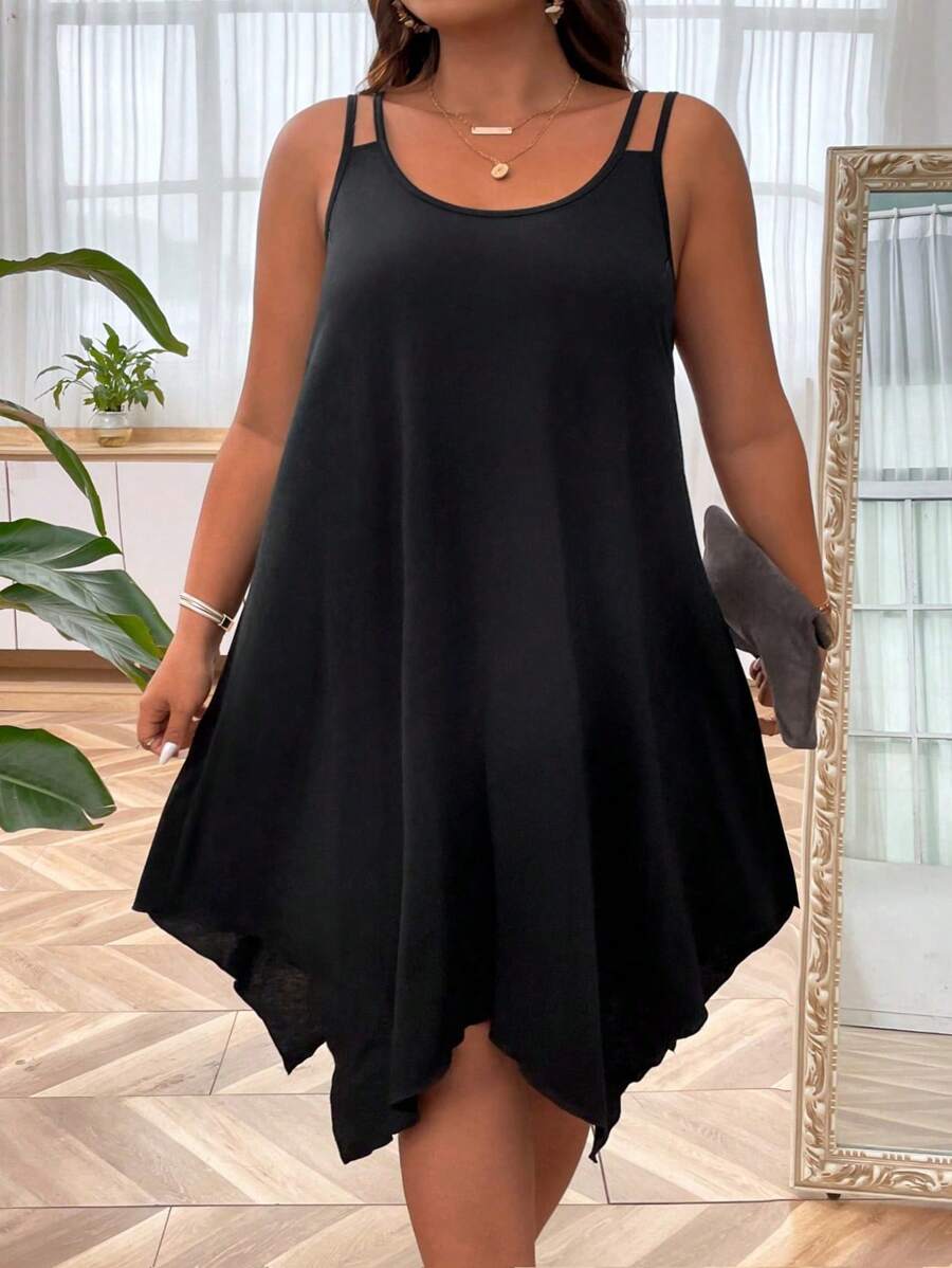 SHEIN CURVE+ Vestido De Talla Grande De Tirantes Con Espagueti, Asimétrico Con Dobladillo unicolor Para Verano - Negro - Ver 1