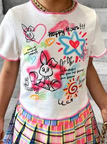 SHEIN Explorewe 年轻女孩甜美酷炫 Y2K 涂鸦印花 T 恤和迷你裙套装，适合夏季、校园、日常和街头服饰 - 彩色 - 查看 4