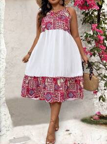 SHEIN LUNE Plus Size Women's Solid Color Printed Splice Simple Daily Dress Maxi Women Outfit - Multicolor - View 4