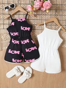 2入組女孩心形和字母印花蝴蝶結吊帶連體褲，夏季假期 - 黑色 - 查看 2