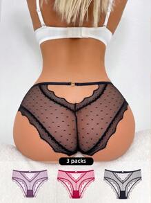 Chiloți triunghi transparente pentru femei, cu imprimeu cu buline, din dantelă, mozaic (3 buc/set)