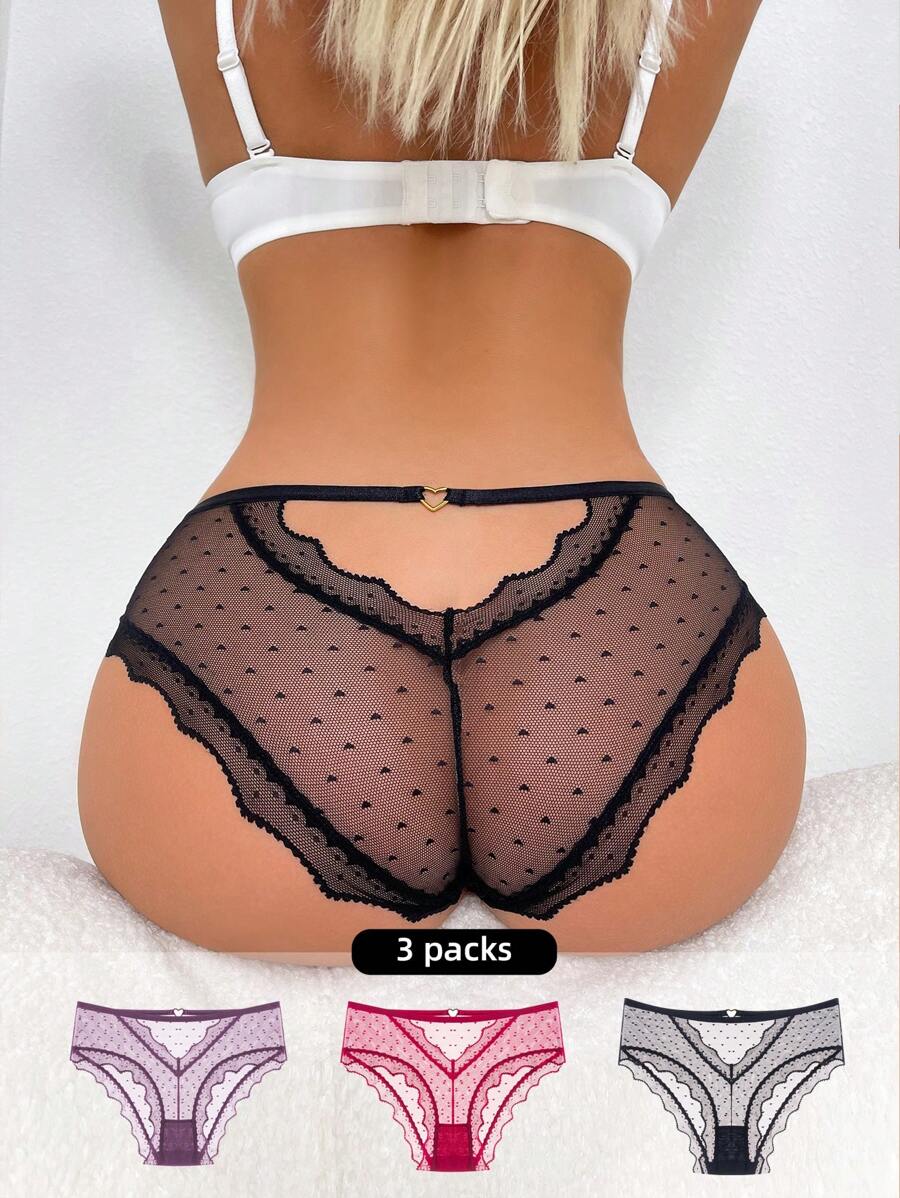 Chiloți triunghi transparente pentru femei, cu imprimeu cu buline, din dantelă, mozaic (3 buc/set)