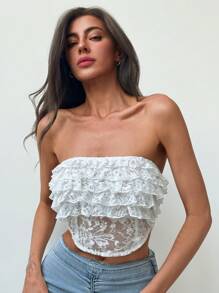 Aloruh Romantic Date Strapless Lace Crop Top With Multi-Layered Lace And Fishbone Fitted Design For Women