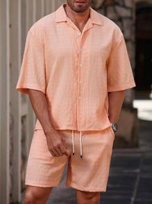 Manfinity RSRT Men's Casual Short Sleeve Shirt And Shorts Set, Simple Style - Orange - View 4