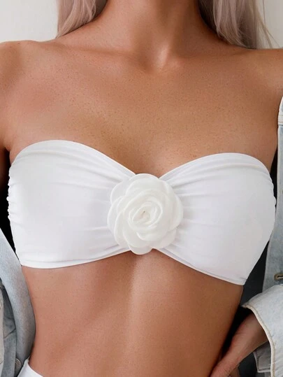 SHEIN Swim 女士夏季海灘純色無肩帶比基尼上衣，附有3D花裝飾