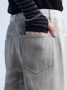 Manfinity Denimwave Y2K 复古街头风格男士不对称染色荒原宽松宽腿牛仔裤 - 黑與白 - 查看 5
