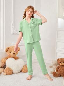 Tween Girl, cu dungi verzi, top cu mânecă scurtă și pantaloni lungi, set casual din două piese, cu buzunare, îmbrăcăminte de relaxare