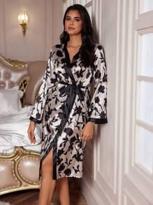 LuxeNights Ladies' Long Sleeve Casual Sleepwear Robe With Simulated Silk Print And Waist Belt Luxe Loungewear, Cozy And Elegant Details, Fall & Winter - Champagne - View 5