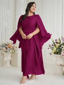 Modelyn Plus Size Women's Summer Solid Color Round Neck Split Casual Long Elegant Dress Long Evening Dresses - Hot Pink - View 1