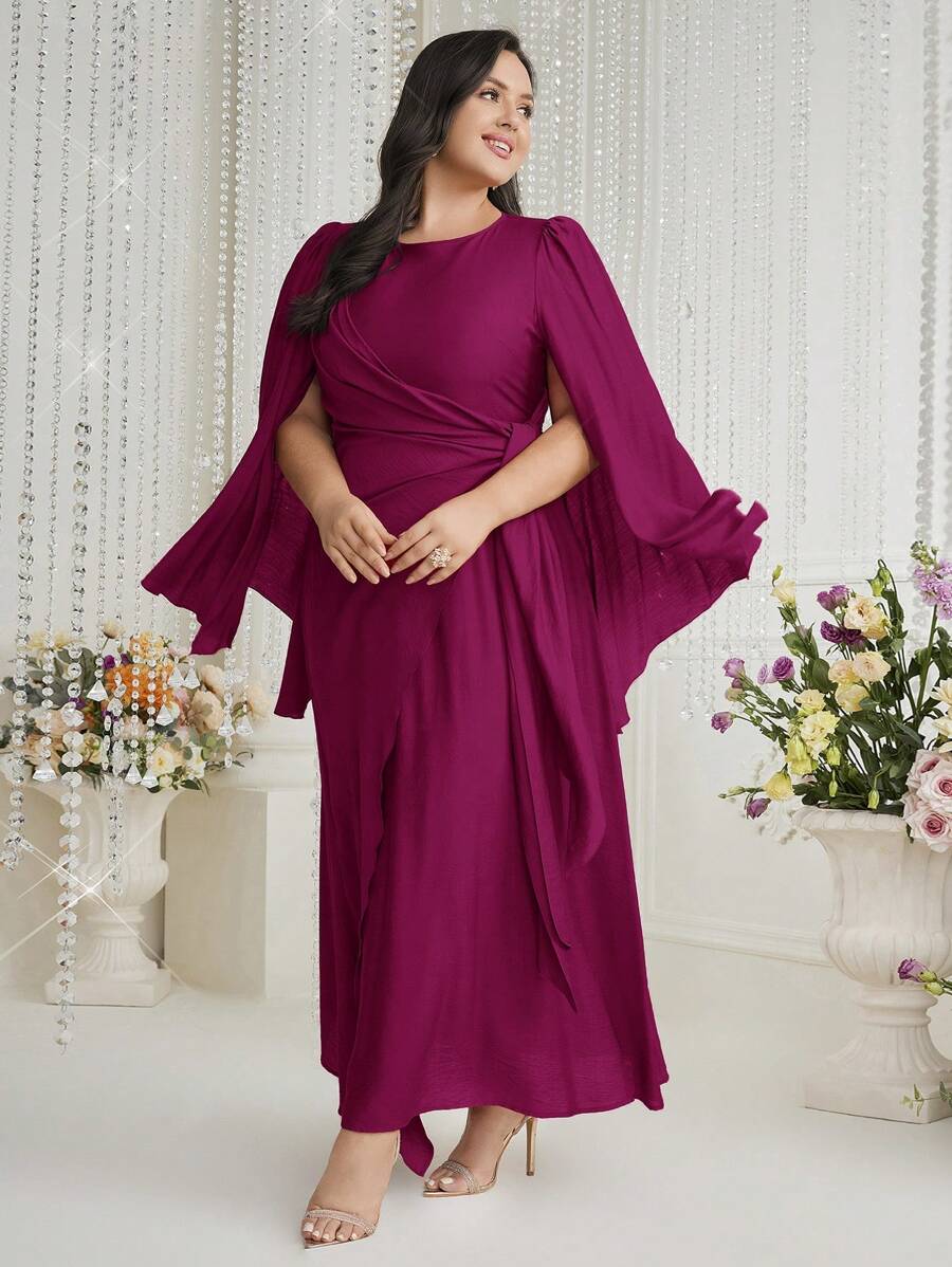 Modelyn Plus Size Women's Summer Solid Color Round Neck Split Casual Long Elegant Dress Long Evening Dresses - Hot Pink - View 1