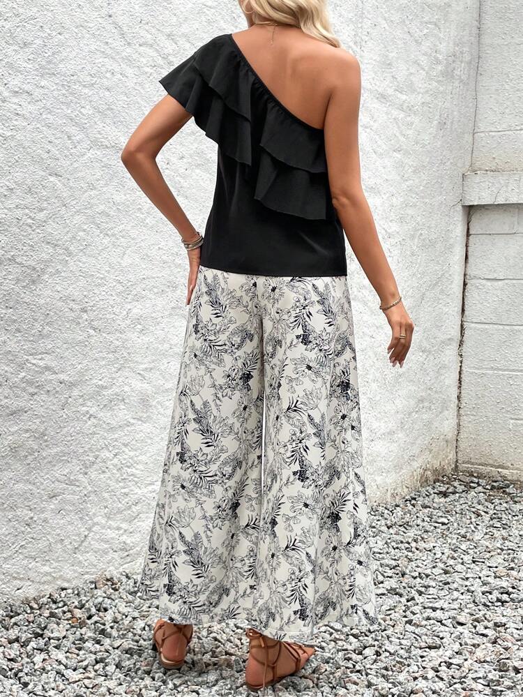 Winter Casual Solid Color One Shoulder Ruffle Shirt & Wide Leg Pants Two-Piece Set
