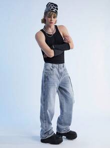Manfinity Roghcode Y2K Vintage Street Style Men's Light Blue Baggy Jeans With Special 3D Tailoring Design - Light Wash - View 4