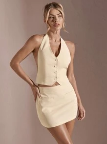 SHEIN BAE Bộ đồ vest và váy hở lưng một hàng khuy đơn màu mùa hè cho nữ Bộ đồ vest cho nữ Bộ đồ hai mảnh gợi cảm Bộ đồ đi chơi Bộ đồ mùa hè cho nữ Bộ váy hai mảnh - Màu be - Xem 2