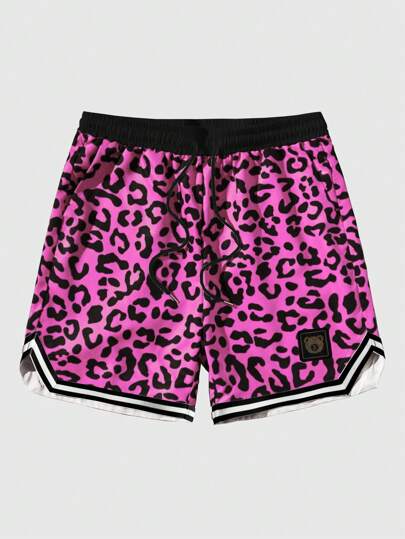 Street Life Men's Casual Fit Casual Basketball Shorts With Leopard Printed Striped Trim And Drawstring Waist, School