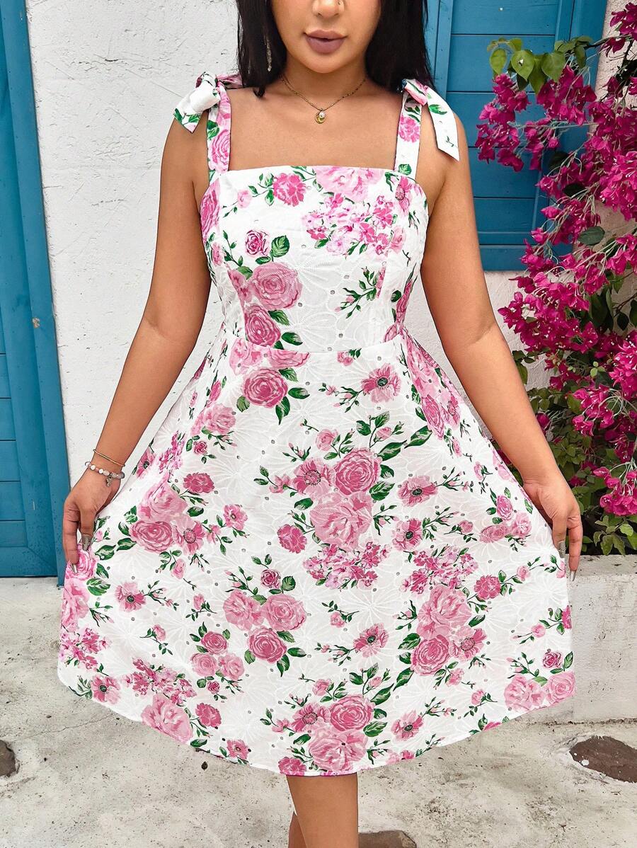 Flirla Vestido con nudo en el hombro de talla grande para mujer con estampado floral elegante para vacaciones - Blanco - Ver 1