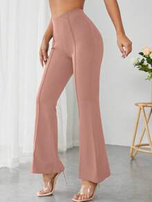 SHEIN PETITE High Waist Flare Leg  Black Pants - وردي مغبر - مشاهدة 3