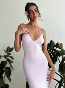 Aloruh Romantic Date/Music Festival/Party Long Tight Mesh Pink Solid Color Women's Dress With Spaghetti Straps And Backless Design - Pink - View 5