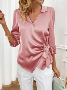 Ellevyn Women's Simple Plain Satin Shirt For Daily Wear,Three Quarter Sleeve Tops - Dusty Pink - View 6