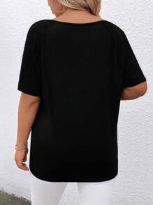 大碼女款純色V領短袖T卹，假珍珠裝飾，夏季 - 黑色 - 查看 2